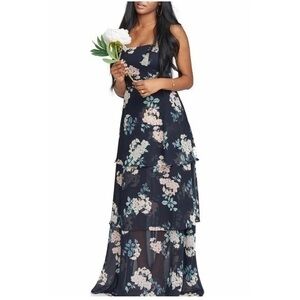 Show Me Your Mumu Strappy Tiered Dark Blue Floral Cross Back Maxi Gown NWT